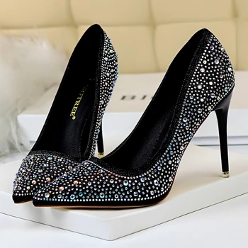 שחור ריינסטון נשים עקבים גבוהים סקסי עקבים גבוהים פגיון עקבים גבוהים LuxuryParty נעליים אלגנטיות של נשים עקבים גבוהים מסיבה נעליים התמונה