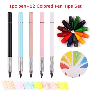 1pc עט+12 צבעוניים עט טיפים סט צבעוני עט ראש מתכת העיפרון לא דיו תלמיד כתיבה וציור הספר Kawaii כתיבה התמונה