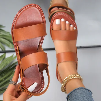 נשים שטוחות סנדלים 2023 עור לחצות רצועה רומא בסגנון באיכות גבוהה קיץ נעלי נשים אבזם רצועה התמונה