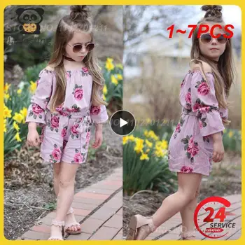 1~7PCS חדש הנסיכה הילדה פרחוני רומפר מחוץ כתף הזיקוקים שרוול קשת פסים סרבל Playsuit תלבושת Sunsuit בגדים התמונה