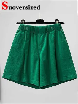 גבוהה המותניים רחבים כותנה פשתן קצר קיץ חדש לנשים מזדמנים מכנסיים Cortos אופנה רופף צבע ממתקים Pantaloncini 2023 התמונה
