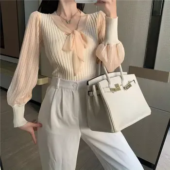 2023 בציר קפלים קצרה סרוגה חולצות טי אביב חדש שרוול ארוך קשת סלים טלאים Pullovers אופנה הקוריאנית של נשים בגדים התמונה
