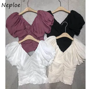 Neploe V-צוואר ישר חבית בועה שרוול עירונית מוצקה מתוק 2023 חולצת קיץ נשים מזג צרפתית קיפול קטן קצרה העליון התמונה