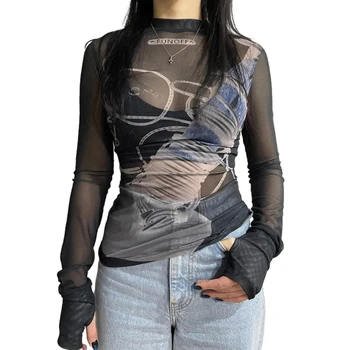 נשים לראות דרך Tshirts מקסימום גרפיקה הדפסה שרוול ארוך סקסי העצום רשת העליון חולצות זרוק משלוח התמונה