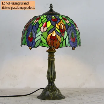 LongHuiJing ויטראז בסגנון טיפאני מנורת שולחן אור לילה עם 12Inch הטווס בעבודת יד אהיל שולחן אור התמונה