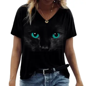 נשים חולצה Kawaii חתול הדפסת 3d חולצה אופנה העליון Y2k שרוול קצר Tees V-צוואר נקבה בגדים מנופחים קיץ חולצות T התמונה